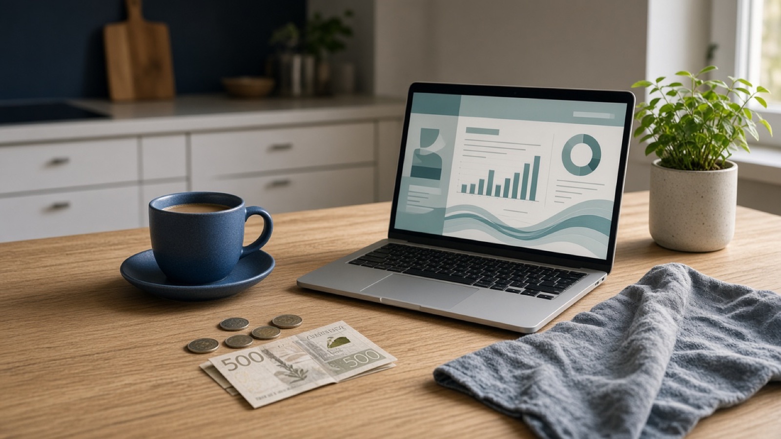 Köksbord med laptop, kaffe och svenska kronor – så jämför vi lån.